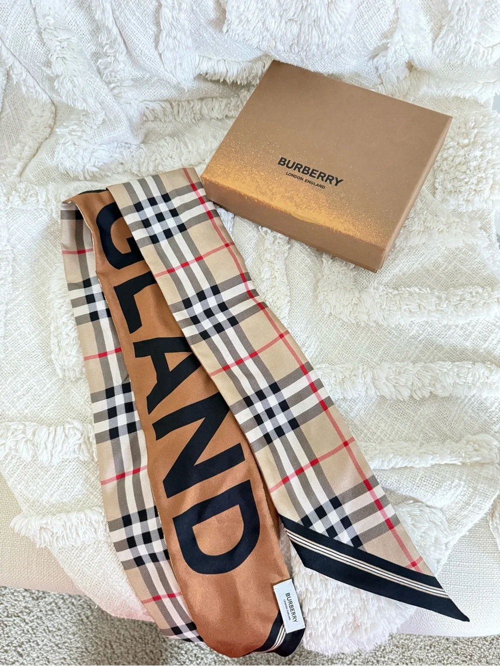 Burberry Beige, Tan & Black Check Silk Twilly Scarf